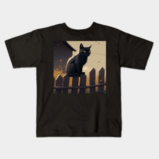 Black Cat on fence sticker Kids T-Shirt